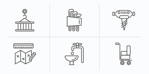 construction outline icons set. thin line icons such as derrick with pallet, hex key, pickaxes drilling, measures plan, adjusment system, trolley with cargo vector.