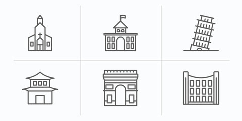 Wall Mural - buildings outline icons set. thin line icons such as chuch, goverment building, pisa tower, pagoda, arc de triomphe, uno building vector.