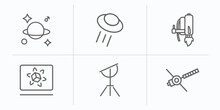 Astronomy Outline Icons Set. Thin Line Icons Such As Astrology, Ufo And Cow, Jet Pack, Simulator, Dioptra, Voyager Vector.