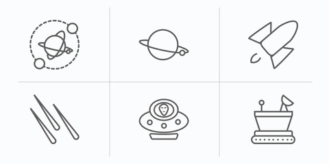 astronomy outline icons set. thin line icons such as planets, planet, rocket flying, meteor shower, alien with aqualung, moonwalker vector.
