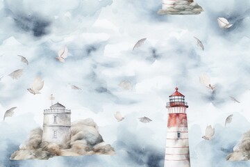 Nautical themed watercolor seamless pattern featuring lighthouses and starfish on an air cloud. Endless print on white background. Generative AI