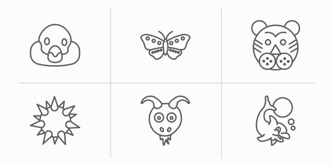 Wall Mural - animals outline icons set. thin line icons such as snigir, butterfly with wings, tiger, sea urchin, goat, dolphin jumping vector.