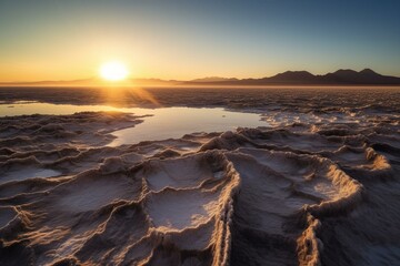 Sunrise over a volcanic landscape in Atacama, Chile-Bolivia border, with a salt lake. Generative AI