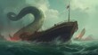 Giant sea serpent attacking a ship. Fantasy concept , Illustration painting. Generative AI