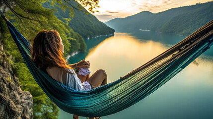 Woman relaxing on hammock between two trees pine enjoying the view at the Mountain Lake in summer.