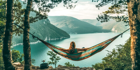 Wall Mural - Woman relaxing on hammock between two trees pine enjoying the view at the Mountain Lake in summer.