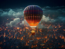 Hot Air Balloon Over City Illustrated With Generative Ai