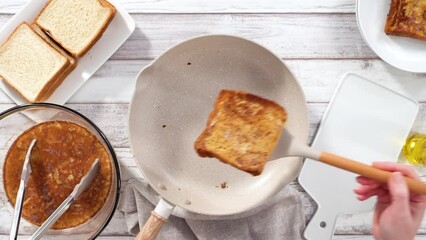 Poster - Time lapse. Step by step. Frying french toast in a nonstick frying pan.