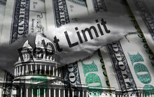 Debt Limit Newspaper Headline On Hundred Dollar Bills With Cracked United States Capitol Dome Representing Political Gridlock