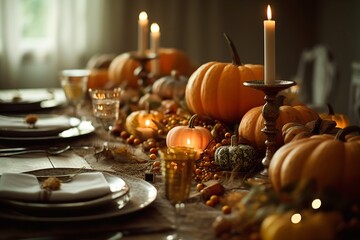 Thanksgiving table setting, autumn dinner, generative ai