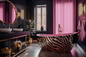 Modern glamour bathroom. Luxury interior design with pink, golden, black colors and animal zebra texture. Super photo realistic background, generative ai illustration