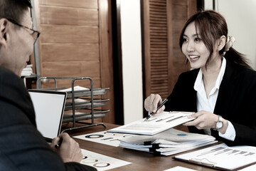 Poster - young businesswoman Cheerful consulting with executives or bosses