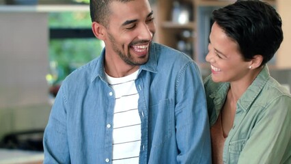 Poster - Love, cooking and help with couple in kitchen with vegetables for food, bonding and support. Happy, affectionate and salad with man and woman at home for nutrition, wellness and breakfast together