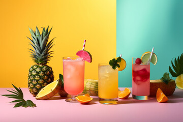 Wall Mural - Fresh cocktails and tropical juice drinks on a pastel blue and orange background 