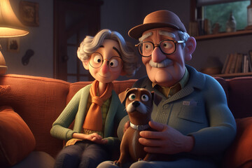 cartoon animated old couple with a puppy