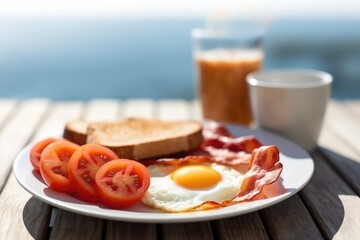 Wall Mural - Full English Breakfast including sausages, grilled tomatoes and mushrooms, egg, bacon, baked beans and bread. Generated by AI