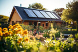 Fototapeta  - A beautiful and eco-friendly photo of a house with a solar panel on its roof, surrounded by a blooming garden with various flowers and plants. Generative AI.