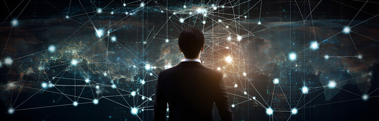 Businessman touching global network connection and data exchanges on internet network and digital software development, Algorithm and data science. social networking and communication
