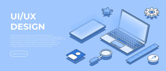 Ui uxdesign isometric scene. Creation of the user interface. Modern vector illustration isometric style
