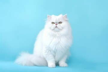 Canvas Print - Portrait white persian cat on light pastel blue background.  Generative AI