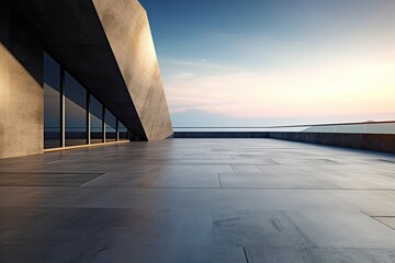 Wall Mural - an empty concrete floor with a modern building in the background generative ai