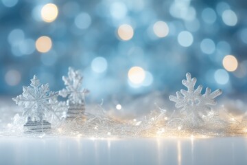 Sticker - macro shot of snowflakes on a wooden surface Generative AI