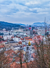 Wall Mural - Aerial shot of Ljubljana old town square from the castle hill on a cloudy afternoon, Slovenia