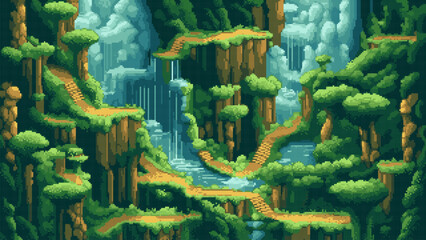 Wall Mural - pixel art game level background, 8 bit, landscape, arcade video game, stairs, trees and platforms