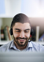 Aufkleber - Communication, face or friendly man in call center consulting, speaking or talking at customer services. Virtual assistant, happy or sales consultant in telemarketing or telecom company help desk