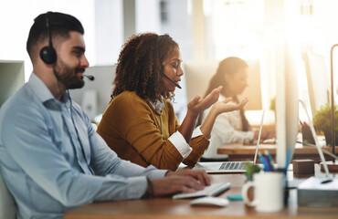 Poster - Coworking, talking or woman in call center consulting, speaking or explaining at customer services. Virtual assistant, online agents or sales consultant in telemarketing or telecom company help desk