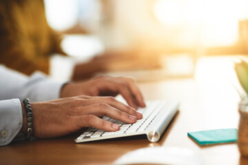 Aufkleber - Hands, keyboard or man typing on computer networking on business project or online research at office desk. Person, coworking or closeup of worker copywriting on blog report or internet article
