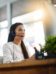 Virtual assistant, customer services or woman in call center consulting, speaking or talking at help desk. Communication, contact us or sales consultant in telemarketing or telecom company office