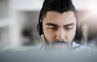Aufkleber - Communication, face or man in call center consulting, speaking or talking at customer services. Virtual assistant, contact us or sales consultant in telemarketing or telecom company help desk office