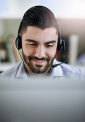 Aufkleber - Communication, face or happy man in call center consulting, speaking or talking at customer services. Virtual assistant, friendly or sales consultant in telemarketing or telecom company help desk