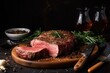 Fresh slices of juicy beef steak. Ai generative.