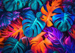 Creative tropical background with colorful monstera leaves. Bold synth wave colors. Generative AI.