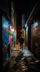 Canvas Print - A person walking down a dark alley with graffiti on the walls. Generative AI image.