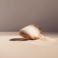 Poster - A seashell on a sandy beach with a gray sky in the background. Generative AI image.