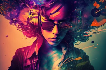 Wall Mural - Abstract art in overlapped musician with hairstyle decorated by instrument design. Concept of captivated in exotic music styles with cyberpunk color. Glorious generative AI.