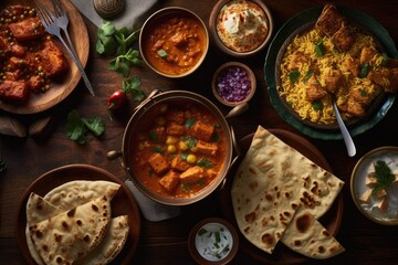 Wall Mural - Indian ethnic food buffet on white concrete table from above: curry, samosa, rice biryani, dal, paneer, chapatti, naan, dishes of India for dinner background. Generated by AI