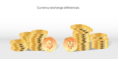 us dollar vs japanese yen value exchange rate comparision illustration with gold coins. world currencies exchange rate difference vector. gold coin stack. money converter and transfer.  banking