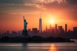 Skyline of Manhattan during sunset in New York with the big Statue of Liberty created with generative AI technology.