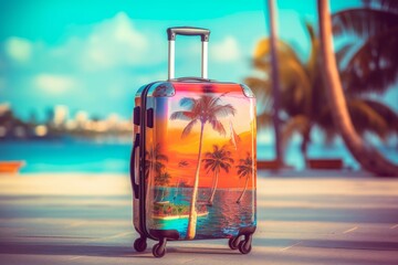 One travel suitcase ready for journey. Tropical beach with sunny sea and palm leafs in background. Generative AI