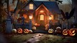 creatively decorated house and yard with a spooky Halloween theme, featuring carved pumpkins, eerie lighting .Created with generative AI tools
