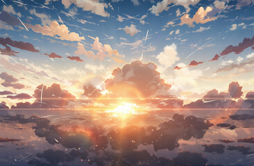 Wall Mural - beautiful sunset in anime style generative ai