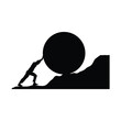 man pushing big boulder uphill. Concept of fatigue, effort, courage, power, force Vector cartoon black silhouette in flat design isolated