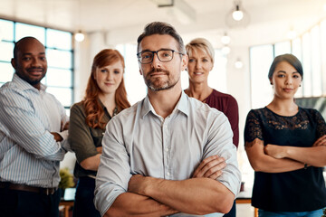 Fototapete - Businessman, portrait and arms crossed in management, leadership or executive team at office. Confident business people or professional standing in confidence for teamwork or about us at workplace