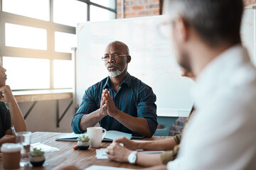Aufkleber - Business people, meeting leader and black man in office, talking or speaking. Teamwork, ceo and serious senior African male professional brainstorming, collaboration or planning group strategy
