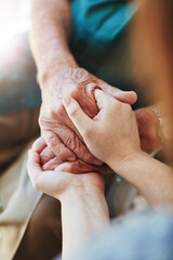 woman, senior man and holding hands for support with care and empathy while together for closeup. ha