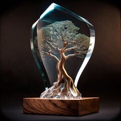 ai-generated illustration of a glass and wood award or sculpture featuring a tree. midjourney.